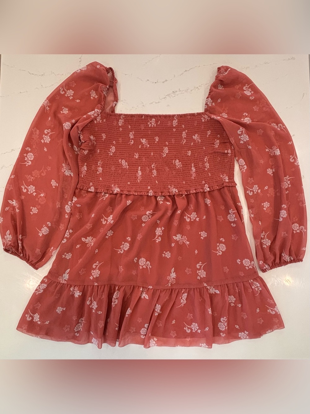 Aritzia Wilfred Tempest Mini Dress/Top Smocked Chiffon in Woodblock Stamp Sz 2XL